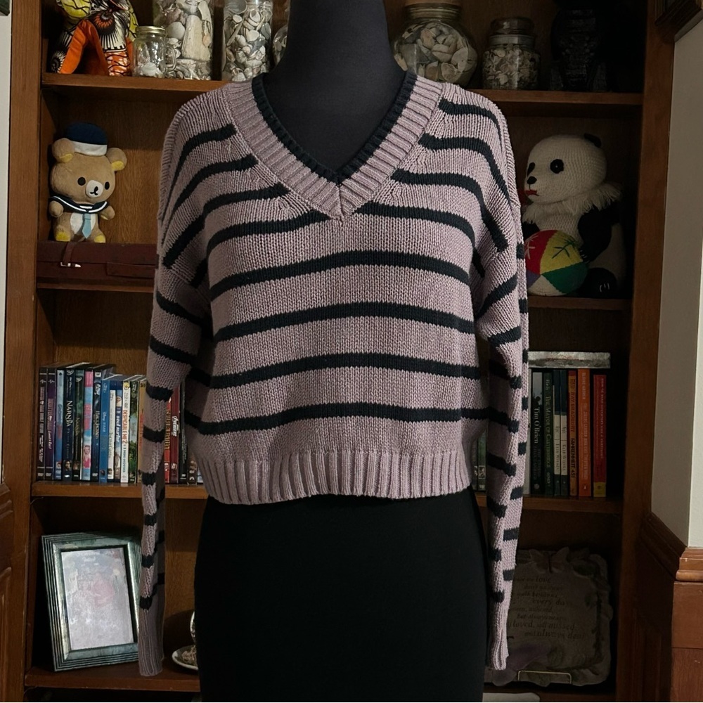 American Eagle Striped V-Neck Cropped Sweater - XS